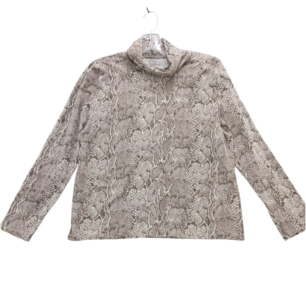 Talbots Tee Womens XL Turtleneck Long Sleeve Beige Gray Snakeskin Print‎ Top